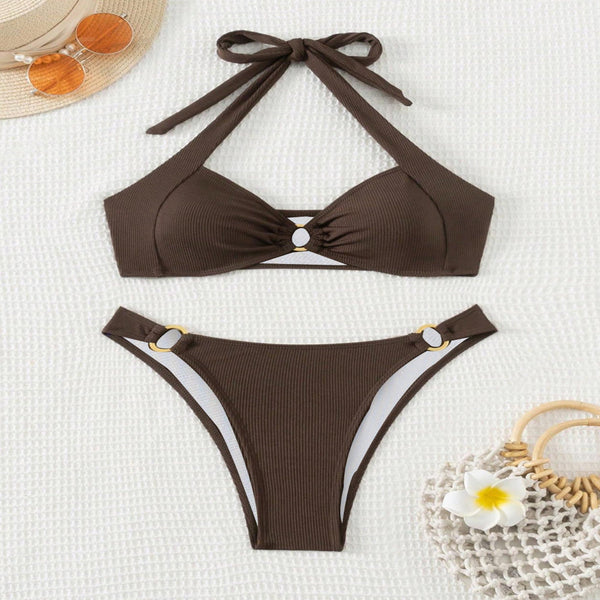 Custom Cross Border Bikini  Halter Tie Low Waist Triangle Pants Separated Swimsuit Set Swimwear