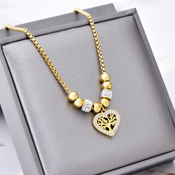 And American Style Titanium Steel Heart Tree Of Life Rhinestone Necklace For Women Simple Love Charm Jewelry Necklaces & Pendants