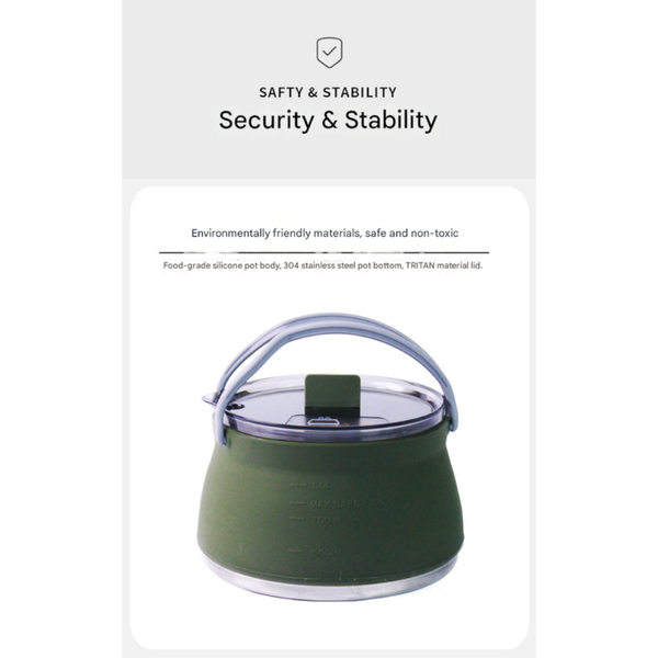 Khaki 1L Collapsible Camping Kettle Food Grade Silicone Body With 304 Stainless Steel Base Compatible Induction & Gas Stoves Camping Kettles