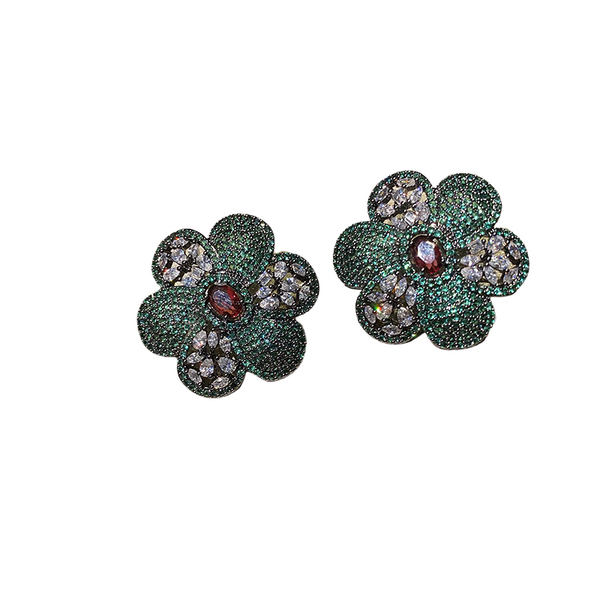 Veile Studios Colorful Flower Stamen With Diamond Flowers In Gold And Green Earrings