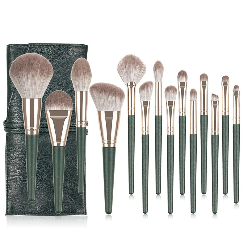 14 Pieces Green Cloud Makeup Cosmetics Tools Set Handle Foundation Brushes