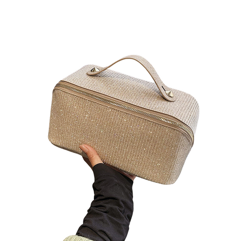 Gold Elegant Glitter Cosmetic Bag With Zipper And Handle Makeup Bags & Cases