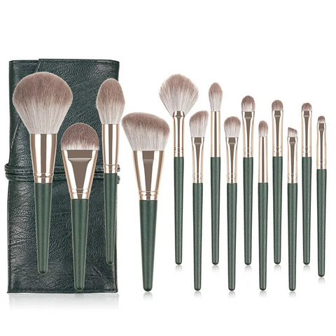 14 Pieces Green Cloud Makeup Cosmetics Tools Set Handle Foundation Brushes