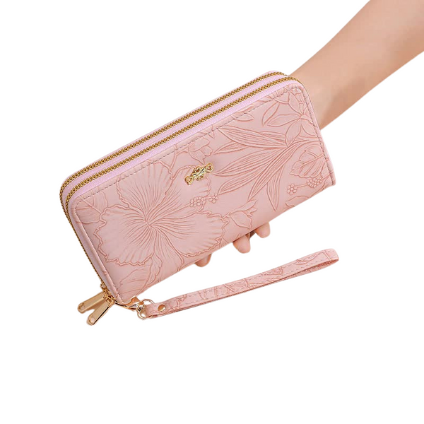 Elosung 2 Pcs Pink Elegant Floral Embossed Long Wallet With Double Zipper Wallets