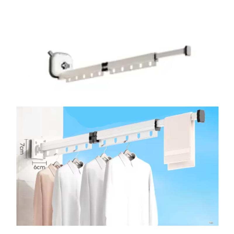 Elosung White Wall Mounted Foldable Clothes Drying Rack 2 Section Aluminum With 10 Windproof Hooks Garment Racks