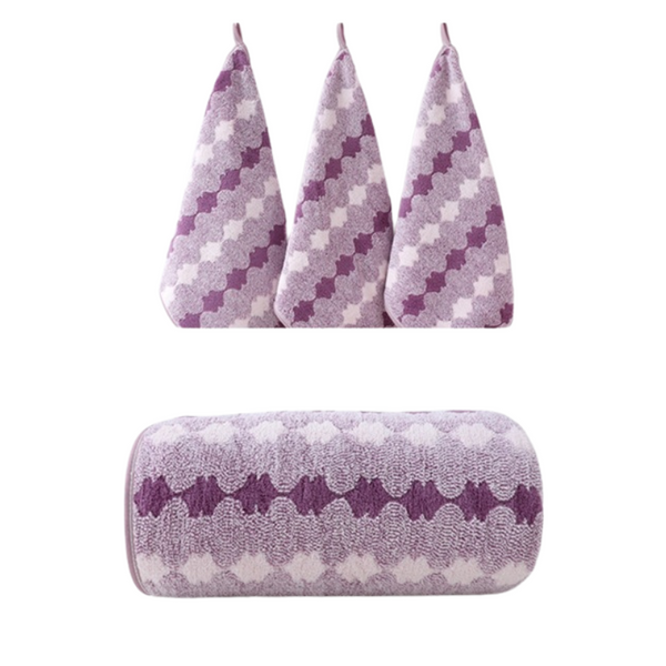 Purple Premium Coral Fleece Towel Set 1 Bath (88X170cm) + 3 Hand Towels (35X35cm) Soft Absorbent And Quick Drying Towels & Washcloths
