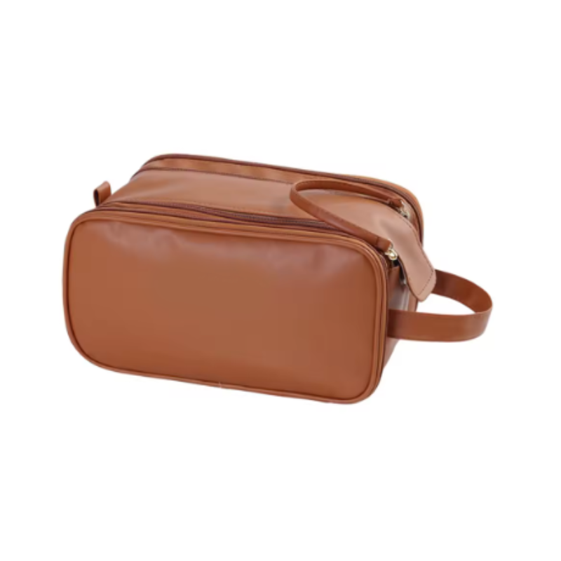 Brown Large Capacity Makeup Organizer Bag Travel Friendly Double Zip Cosmetic Storage Case For Women(Makeup Items Are Shooting Props And Not Included)