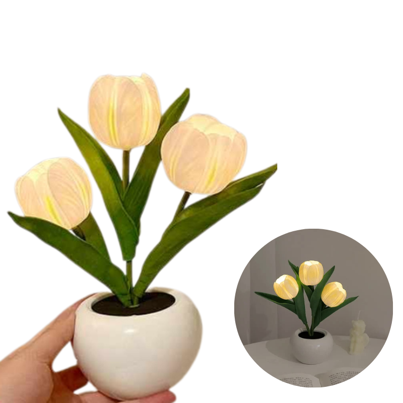 Elosung Yellow Flowers Usb Tulip Night Light Bedroom Decor Table Lamp With Pu & Ceramic Pot Perfect Gift For Family Friends Night Lights