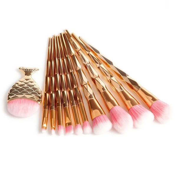 11Pcs Diamond Rose Gold Makeup Brushes Set Mermaid Fishtail Shaped Foundation Powder Cosmetics Rainbow Eyeshadow Kit