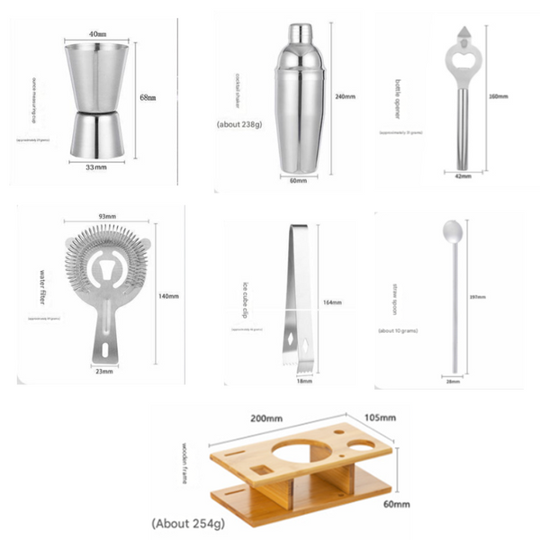 Elosung 700Ml Piece Stainless Steel tail Shaker Set With Bamboo Stand Bartender Kit tail Shakers & Sets
