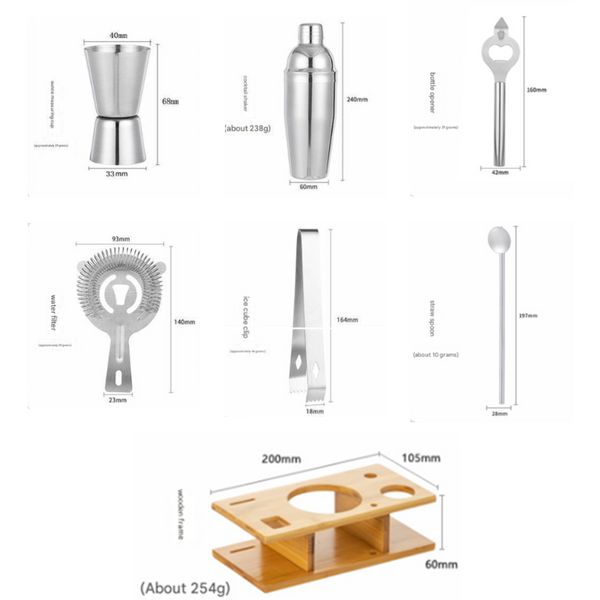 Elosung 550Ml 7 Piece Stainless Steel tail Shaker Set With Bamboo Stand Bartender Kit tail Shakers & Sets