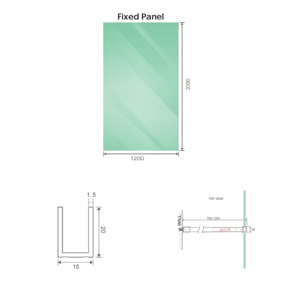 Della Francesca 120X200cm Single Shower Glass Screen With Black Wall Channel & Square Pole Shower Enclosures