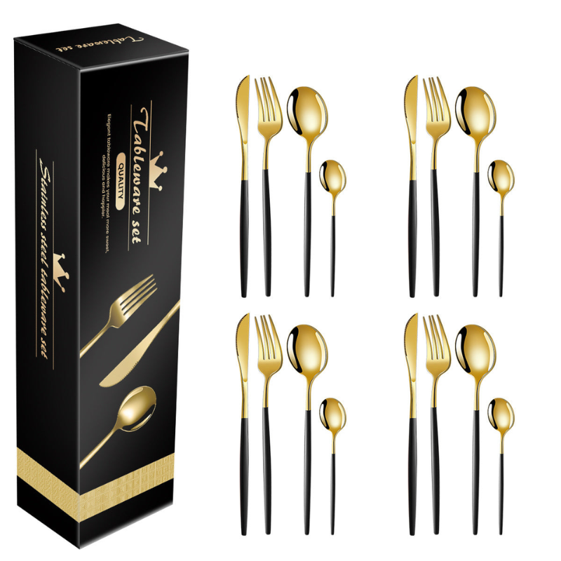 Elosung Black And Gold Patchwork Colours 410 Stainless Steel 16 Piece Flatware Set Elegant Dinnerware With Knife Fork Spoon People Cutlery Sets