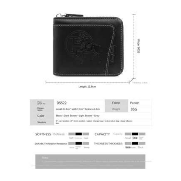 Elosung Black Men's Leather Wallet With Zipper And Horse Embossed Design Compact Stylish Wallets