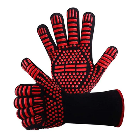 1 Pair Red Stripe Bbq Gloves Heat Resistant Oven Fireproof Flame Retardant Barbecue Cooking Microwave Tool