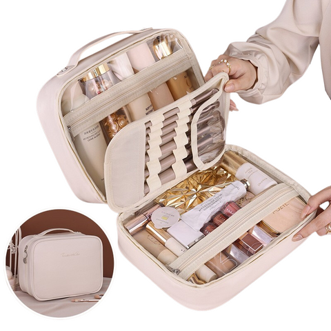 Elosung White Pu Leather Makeup Bag With Detachable Divider Travel Cosmetic Organizer Makeup Bags & Cases