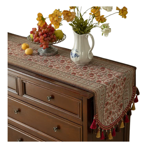 Elosung Red Bohemian Tassel Table Runner 40X180cm Decorative Linen Table Runners
