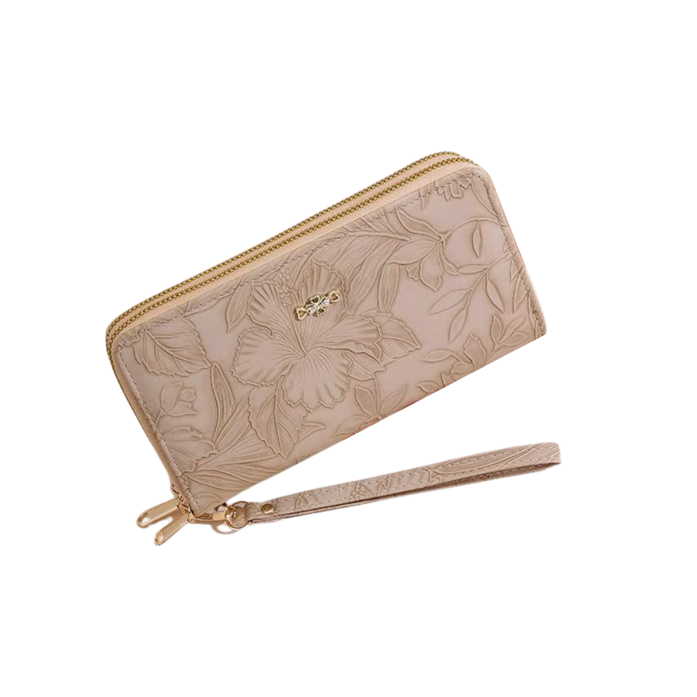 Elosung 2 Pcs Apricot Elegant Floral Embossed Long Wallet With Double Zipper Wallets