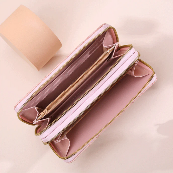 Elosung 1 Sets Of 2 Pcs Apricot Elegant Floral Embossed Long Wallet With Double Zipper Wallets