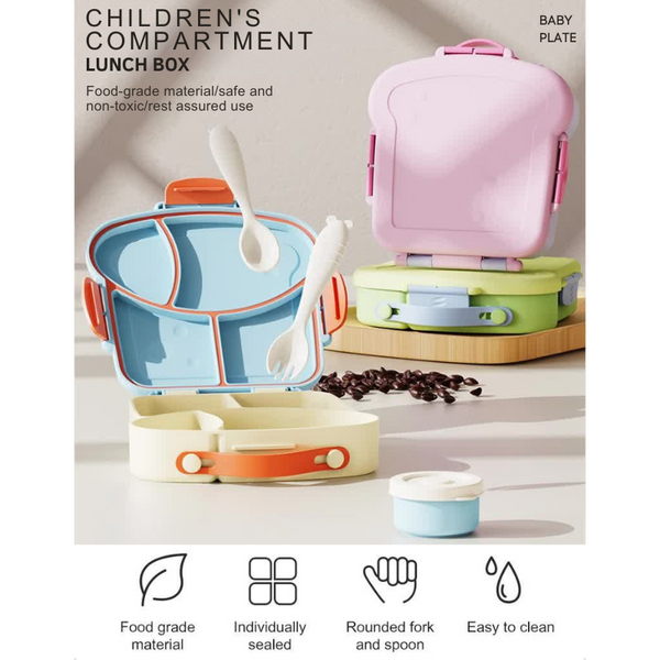 Yellow And Green Kids Bento Box With Dividers Microwave Safe Leak Proof Lunch Fork & Spoon Eco Friendly Pp Plastic Colorful Leakproof Food Storage Lun