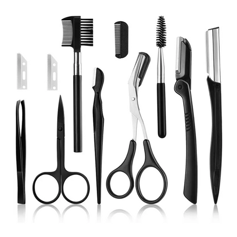 11Pcs Professional Eyebrow Trimming Tool Set Shaping Knife Tweezers Comb Pencil Clip Make Up Kit