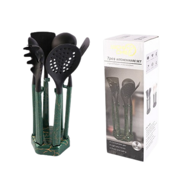 Elosung Black And Green Set High Temperature Resistant 7 Piece Silicone Kitchen Utensils Non Stick Cooking Tools Food Grade Heat Spatulas Spoons For P