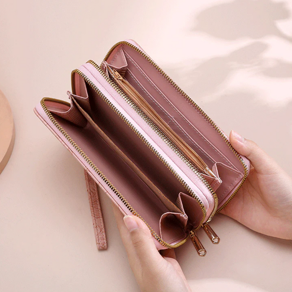 Elosung 2 Pcs Khaki Elegant Floral Embossed Long Wallet With Double Zipper Wallets