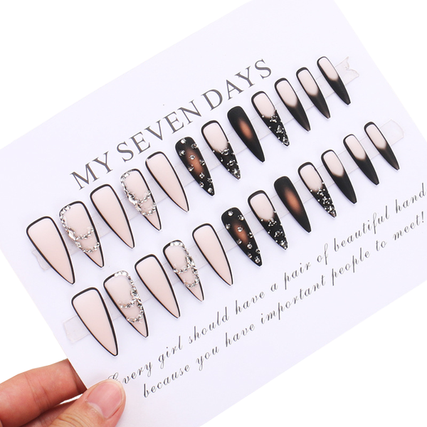Elosung 2 Pcs Black 24 Light & Traceless Press On Nail Set Reusable Abs Material False Nails For Salon Quality Manicure 2D Nail Art Design