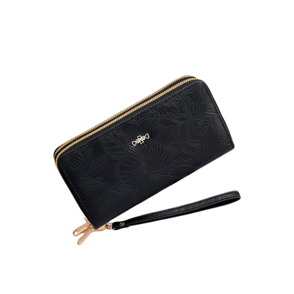Elosung 2 Pcs Black Elegant Floral Embossed Long Wallet With Double Zipper Wallets