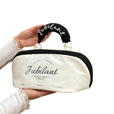 Elosung White Patchwork Black Waterproof Color Block Makeup Bag With Pearl Handle Large Capacity Cosmetic Storage Organizer For Travel Daily Use Makeu