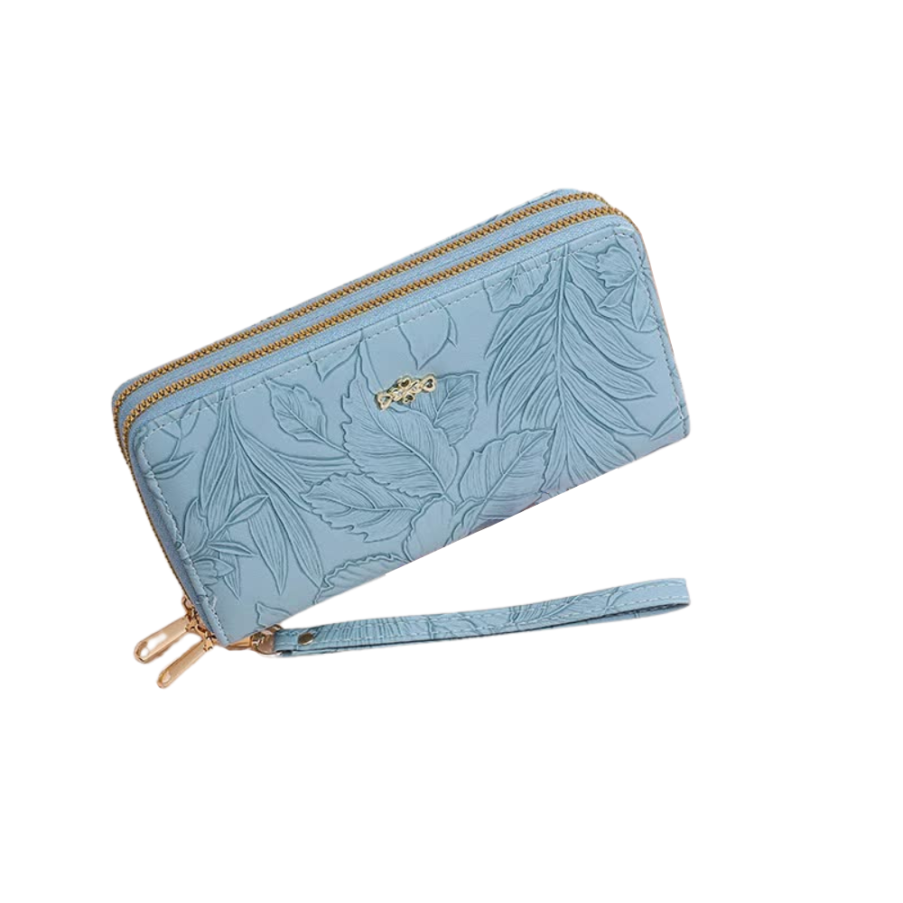 Elosung 2 Pcs Blue Elegant Floral Embossed Long Wallet With Double Zipper Wallets