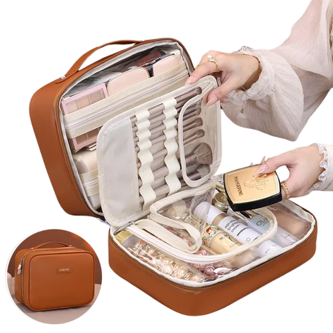 Brown Premium 5 In 1 Multifunctional Pu Cosmetic Bag Spacious Travel Organizer For Makeup Toiletries And Cosmetics Makeup Bags & Cases