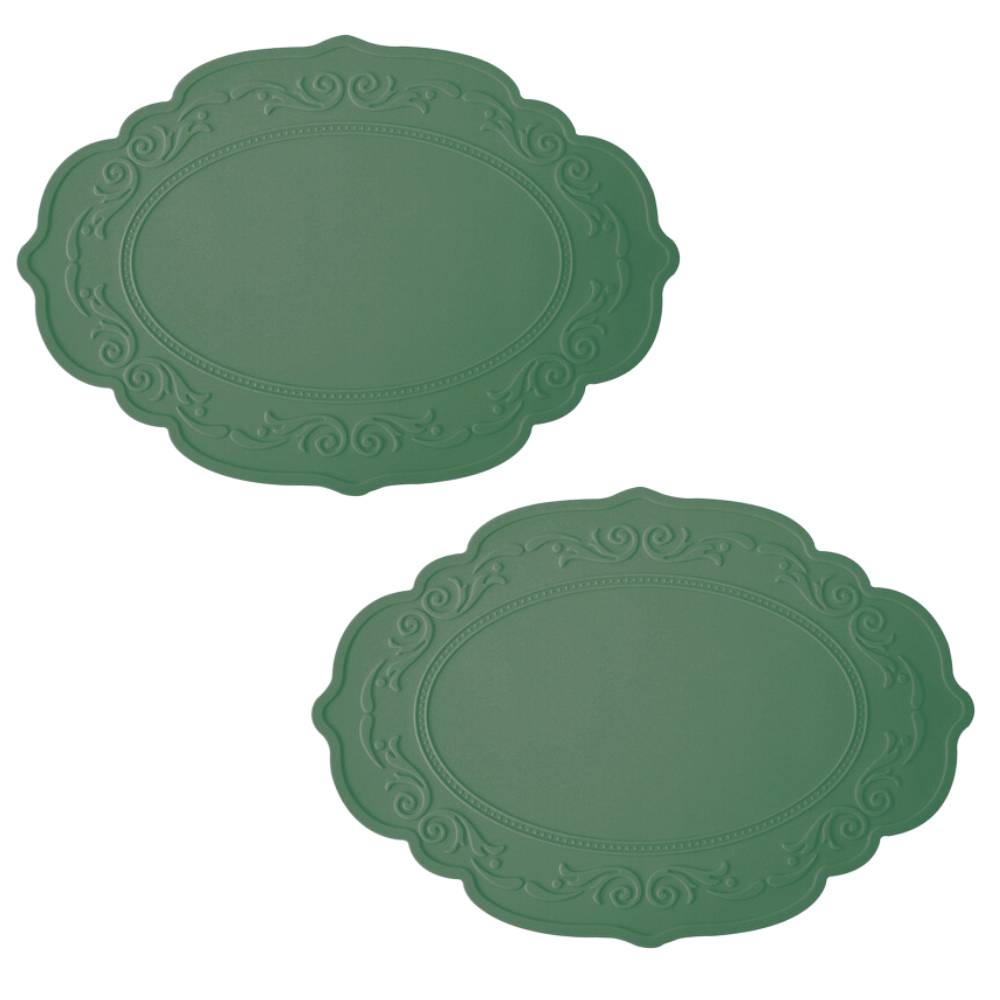 Elosung 2 Pcs Green Oval Embossed Floral Edged Silicone Non Slip Heat Resistant Easy To Clean Dining Table Mats Korean And Style Placemats