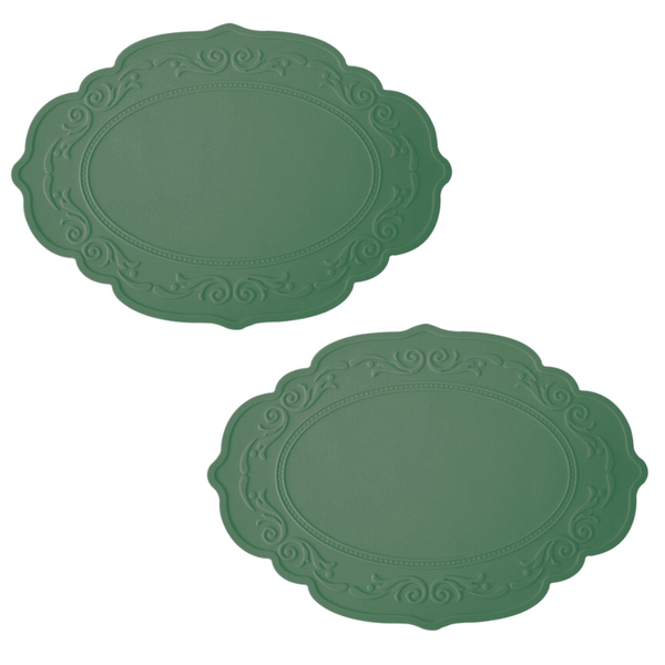 Elosung 2 Pcs Green Oval Embossed Floral Edged Silicone Non Slip Heat Resistant Easy To Clean Dining Table Mats Korean And Style Placemats