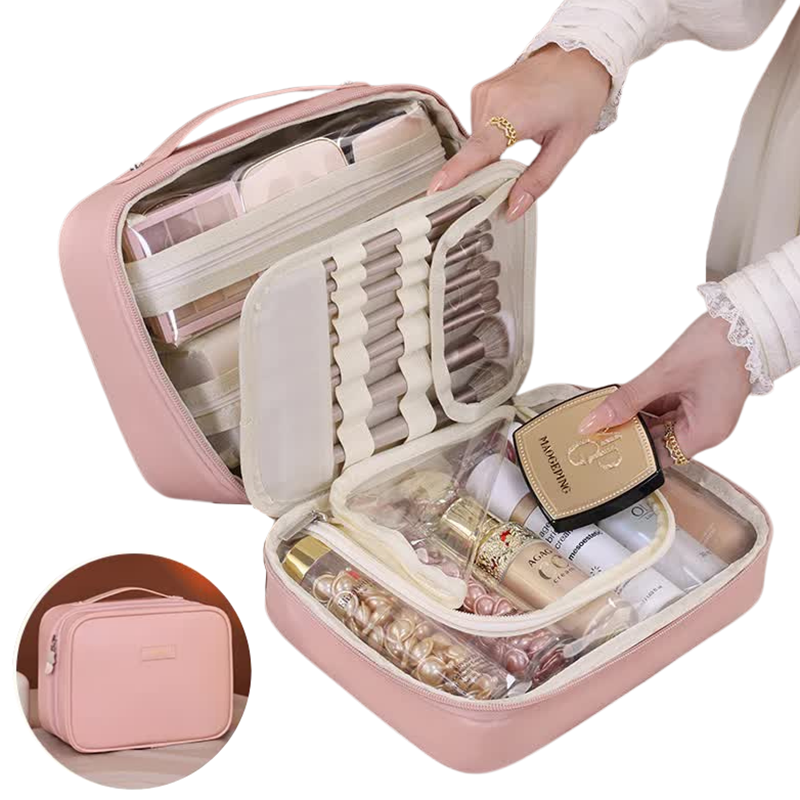 Pink Premium 5 In 1 Multifunctional Pu Cosmetic Bag Spacious Travel Organizer For Makeup Toiletries And Cosmetics Makeup Bags & Cases