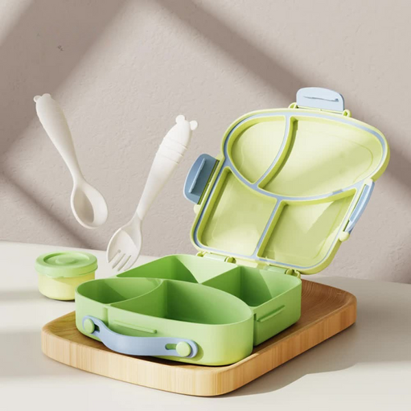 Yellow And Green Kids Bento Box With Dividers Microwave Safe Leak Proof Lunch Fork & Spoon Eco Friendly Pp Plastic Colorful Leakproof Food Storage Lun