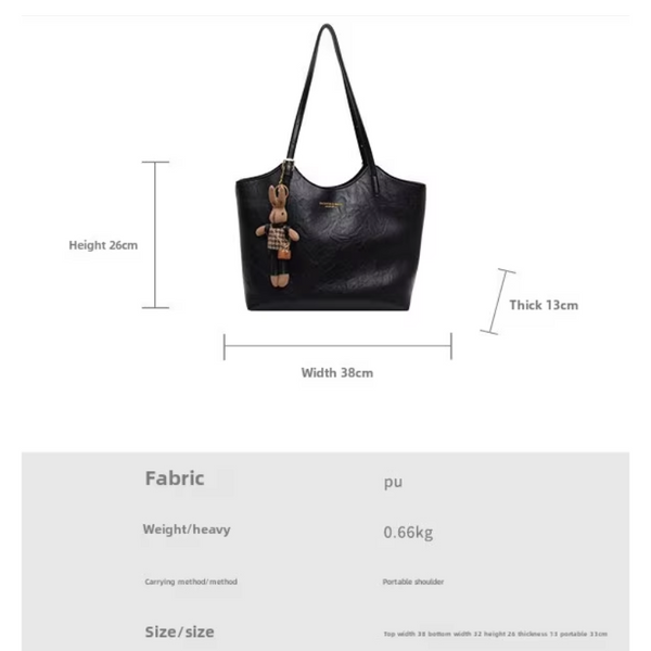 Elosung Black Elegant Pu Leather Tote Bag With Cute Bear Keychain Large Capacity Handbag For Women (38 X 26 13 Cm) Women's Bags & Handbags