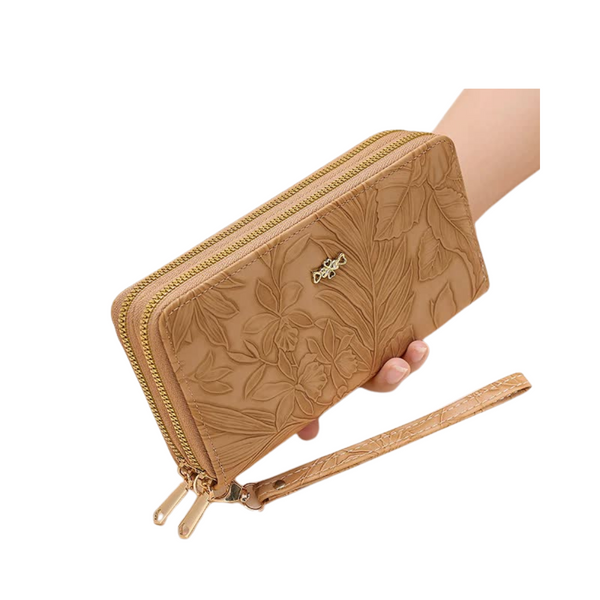 Wallets Elosung 2 Pcs Khaki Elegant Floral Embossed Long Wallet With Double Zipper