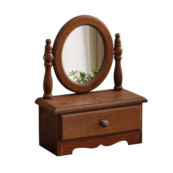 Round Mirror With Drawer Orbicular Wooden Tabletop Vanity Elegant Design Makeup Mirrors