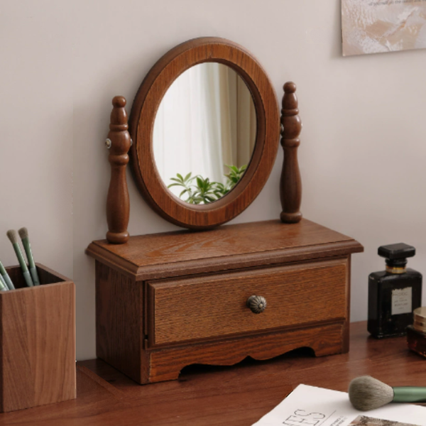 Round Mirror With Drawer Orbicular Wooden Tabletop Vanity Elegant Design Makeup Mirrors