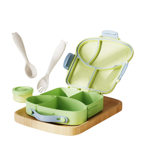Yellow And Green Kids Bento Box With Dividers Microwave Safe Leak Proof Lunch Fork & Spoon Eco Friendly Pp Plastic Colorful Leakproof Food Storage Lun
