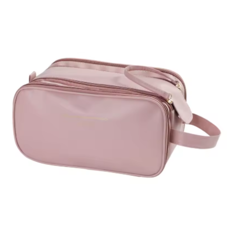 Pink Large Capacity Makeup Organiser Bag Travel Friendly Double Zip Cosmetic Storage Case For Women (Makeup Items Are Shooting Props And Not Included)