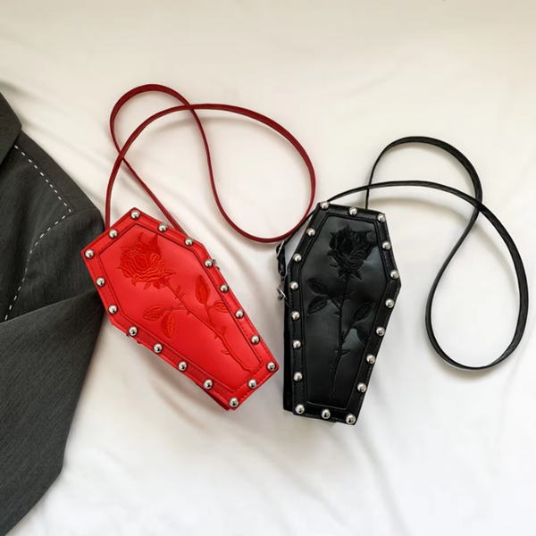 Elosung Black Gothic Red Coffin Shaped Crossbody Bag With Embroidered Rose Unique Fashion Statement Women's Bags & Handbags