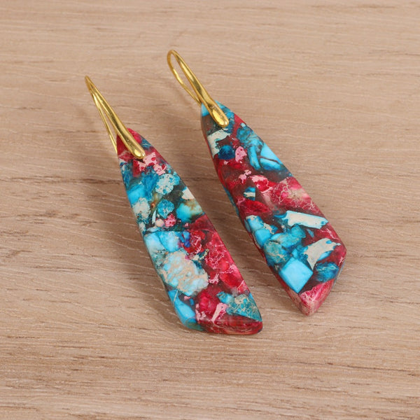 Veile Studios Geometric Flower Shape Pendant Copper Material Gold Hook Red Green Earrings