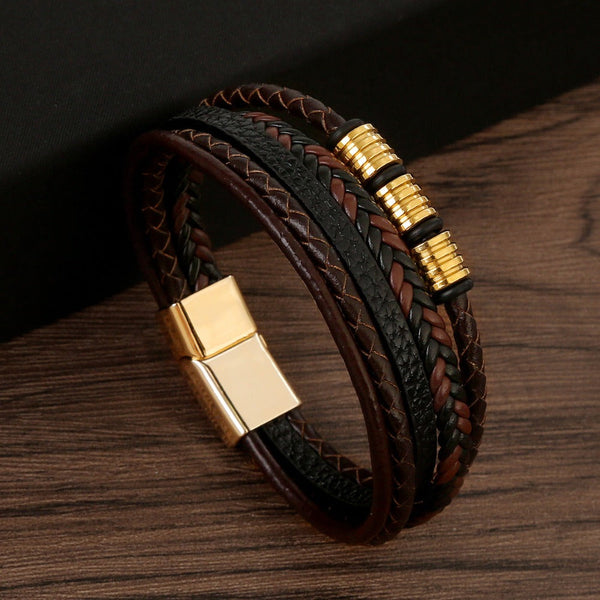 Veile Studios Mens Leather Magnetic Buckle Woven Bracelet Electroplating Black Bracelets