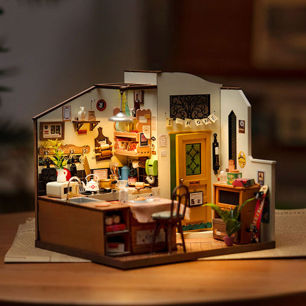 Puzzles Rolife Happy Kitchen Dollhouse Minature House Diy Wooden Puzzle With Led Light