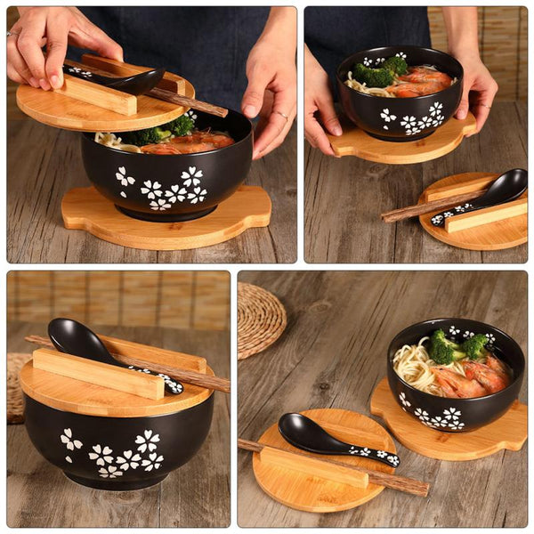 Ceramic Noodle Rice Bowl With Cover Japanese Style Soup Dinnerware Tableware Bowls