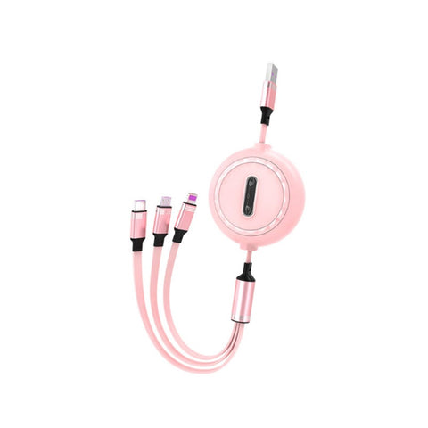 1M Telescopic Liquid Drag 3 Data Cable Suitable For Apple Type Android Three Head Fast Charging In One Pink