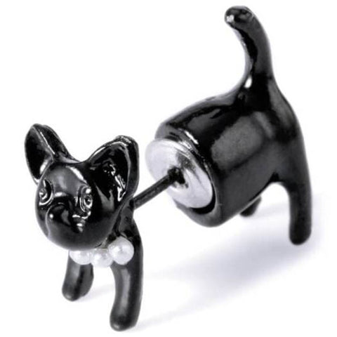 Artificial Pearl Cat Shape Design Earring Black