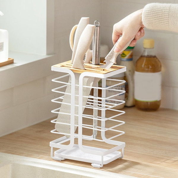 Kitchen Knife Holder Drain Cultery Storage Shelf Universal Metal Wood Bamboo Knives Rack Multifunction Stand Organizer Racks & Holders
